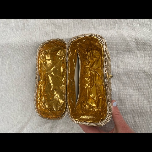 Vintage Champagne Metal Basket Woven Box Purse with Top Handle // 1950s - Picture 8 of 8